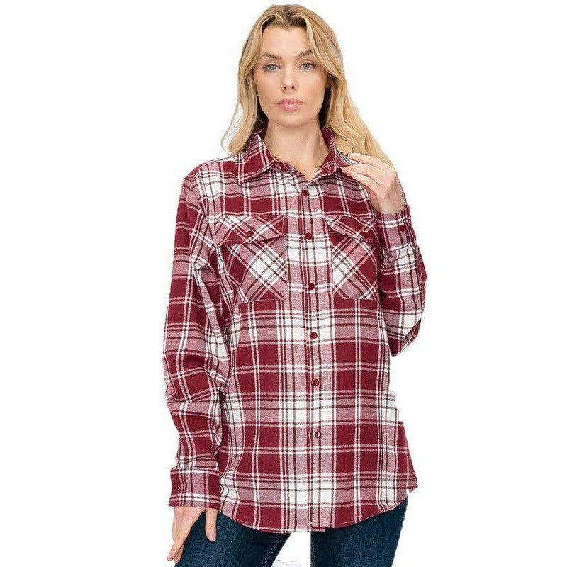 Boyfriend Fit Shirt Checker Plaid Flannel Long Sleeve - VacationGrabs