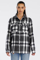 WEIV Women's Boyfriend Style Plaid Shirt in Black and White with Button Front and Chest Pockets