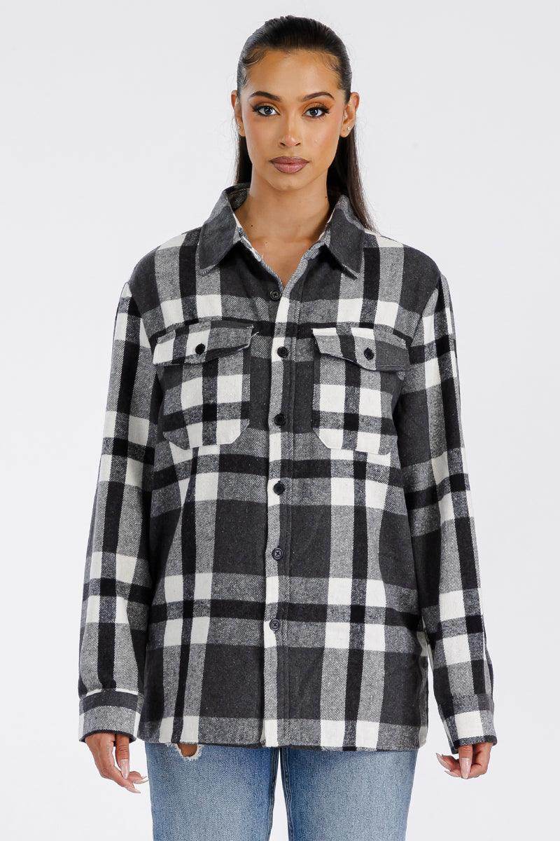 WEIV Women's Boyfriend Style Plaid Shirt in Black and White with Button Front and Chest Pockets