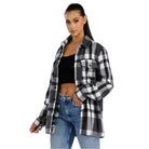 WEIV Women's Boyfriend Style Plaid Shirt in Black and White with Button Closure and Chest Pocket
