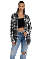 WEIV Women's Boyfriend Style Plaid Shirt in Black and Gray with Button Details