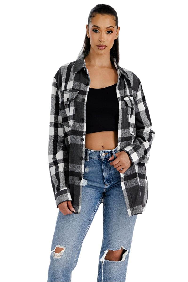 WEIV Women's Boyfriend Style Plaid Shirt in Black and Gray with Button Details