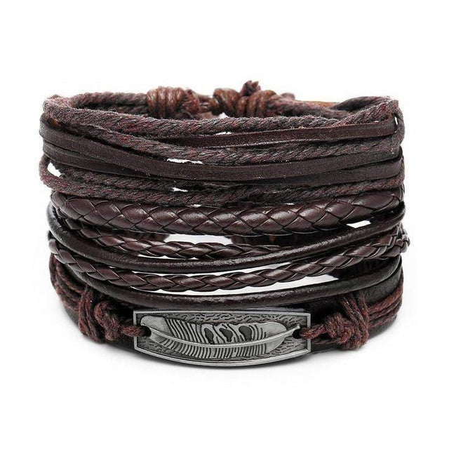 Braided leather wristband for men featuring multiple textures and a decorative metal clasp