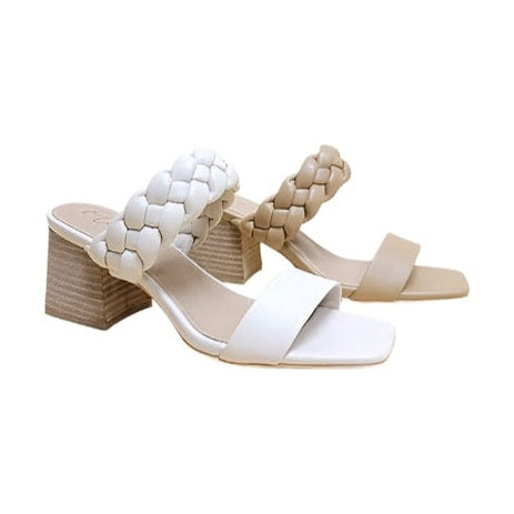 Let's See Style women's braided strap heeled sandals in white and beige with block heels