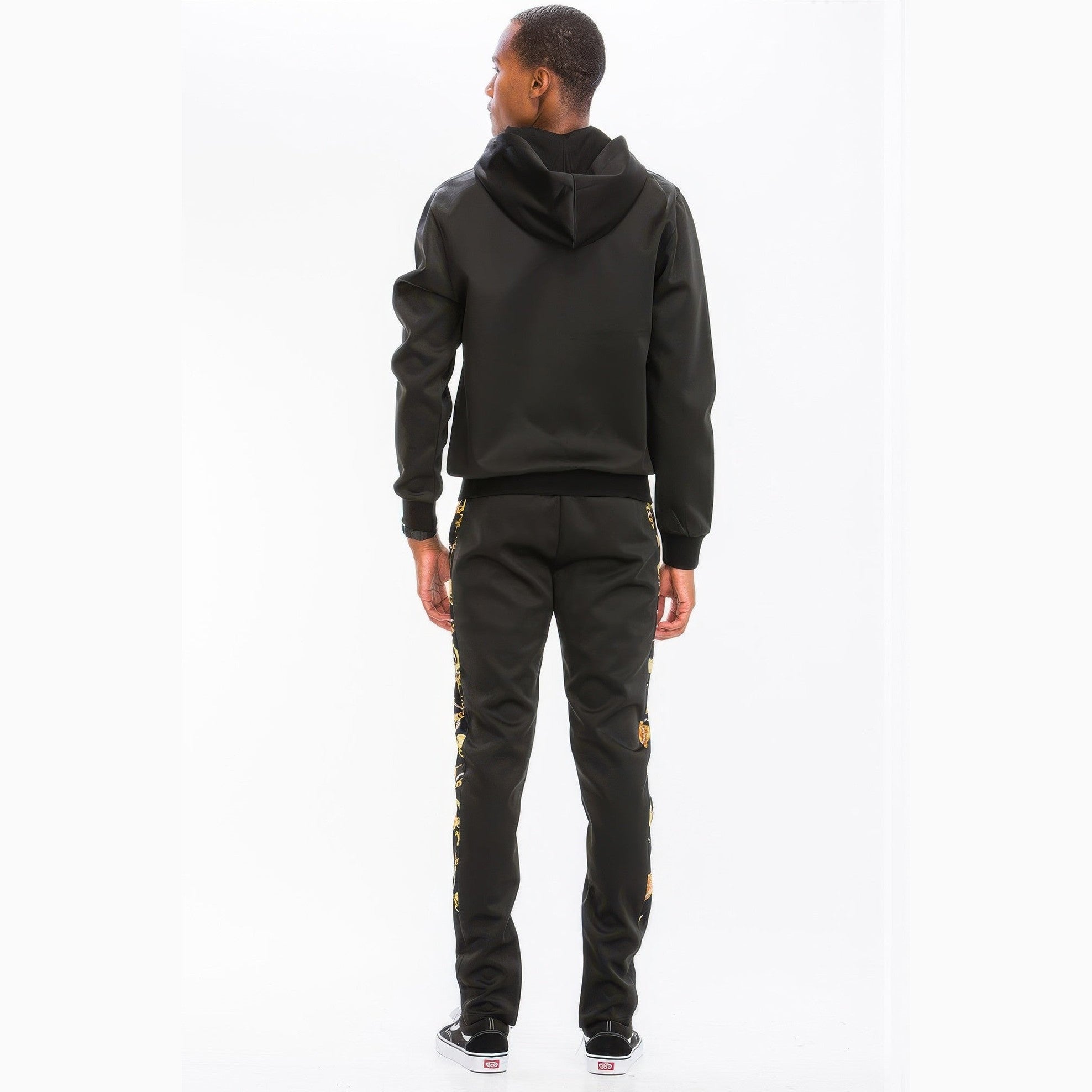Men's 2PC black lightweight athletic track suit for travel with hooded sweatshirt and matching pants