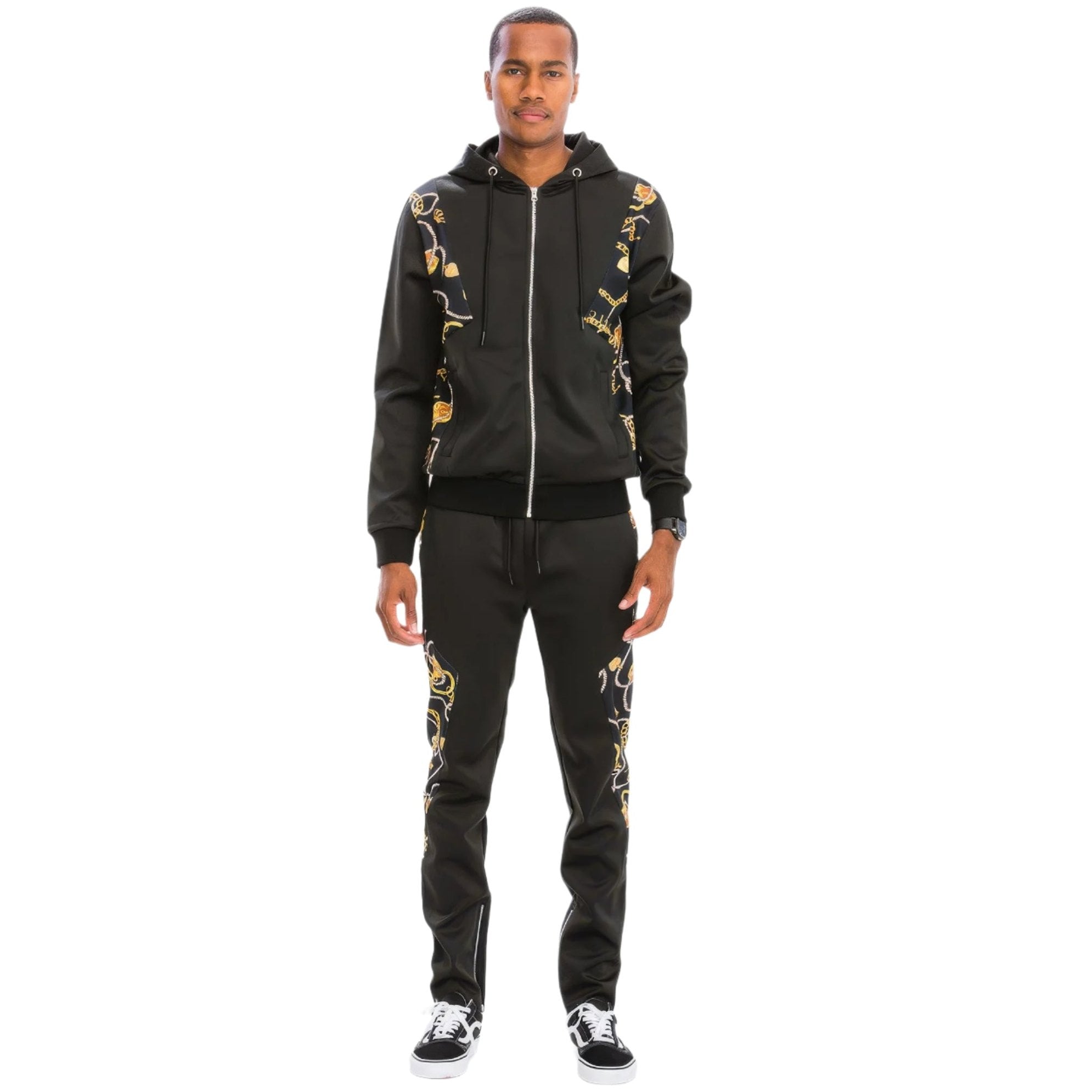 Men's 2PC lightweight athletic track suit for travel in black with gold decorative patterns by VacationGrabs