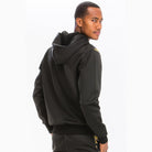 Men's 2PC track sets by VacationGrabs featuring a lightweight athletic track suit for travel in black with a hooded jacket