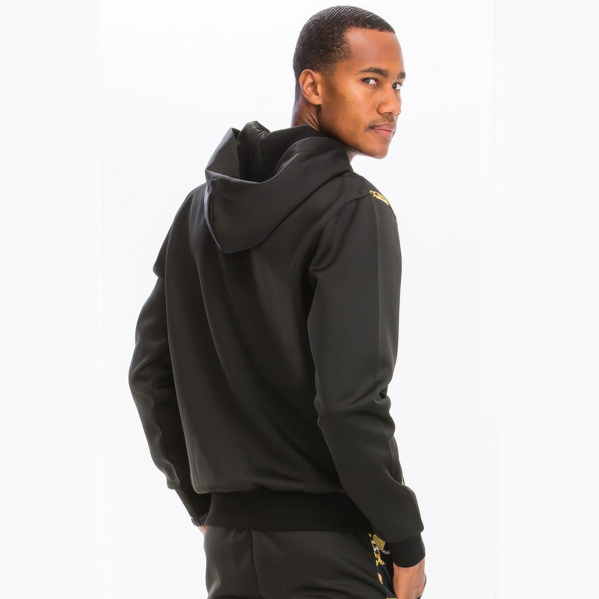 Men's 2PC track sets by VacationGrabs featuring a lightweight athletic track suit for travel in black with a hooded jacket