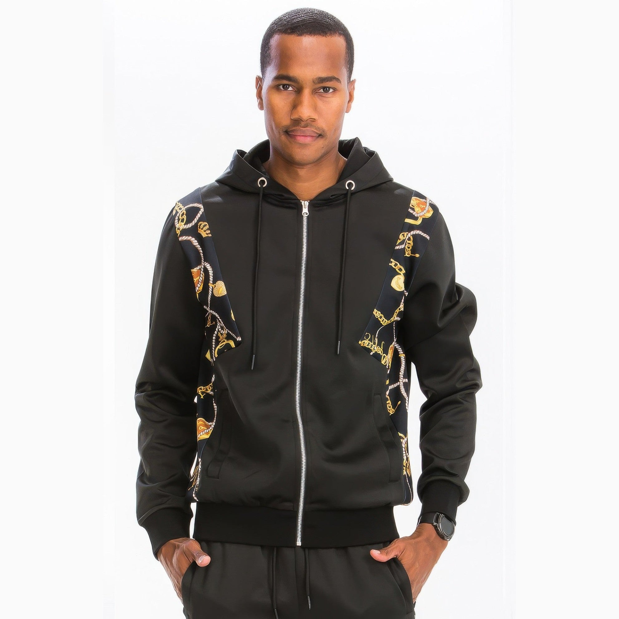 Men's 2PC track sets by VacationGrabs featuring a lightweight athletic track suit for travel with black and gold chain pattern