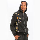 VacationGrabs men's 2PC lightweight athletic track suit for travel with black zip-up hoodie and gold chain print