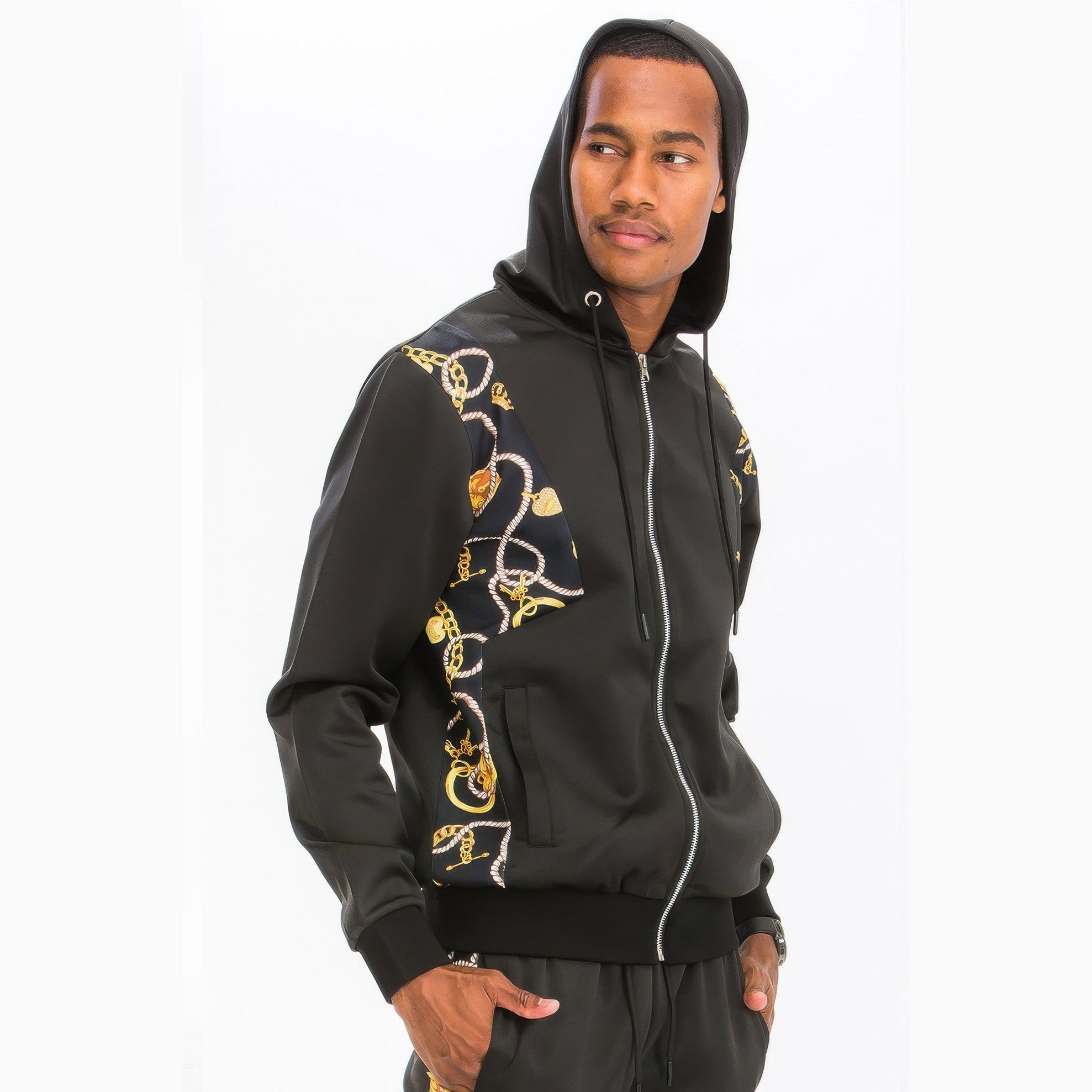 VacationGrabs men's 2PC lightweight athletic track suit for travel with black zip-up hoodie and gold chain print