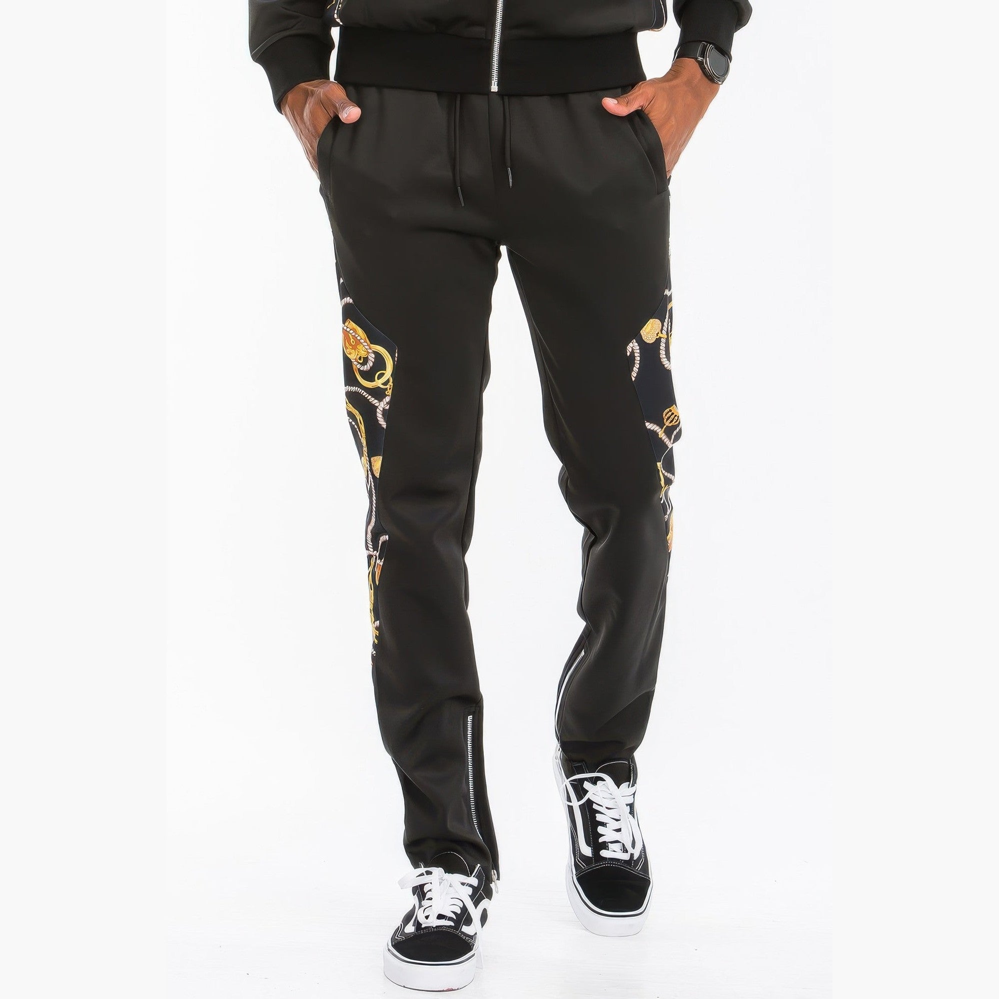 Men's 2PC track set featuring a lightweight athletic track suit for travel with black pants and graphic details