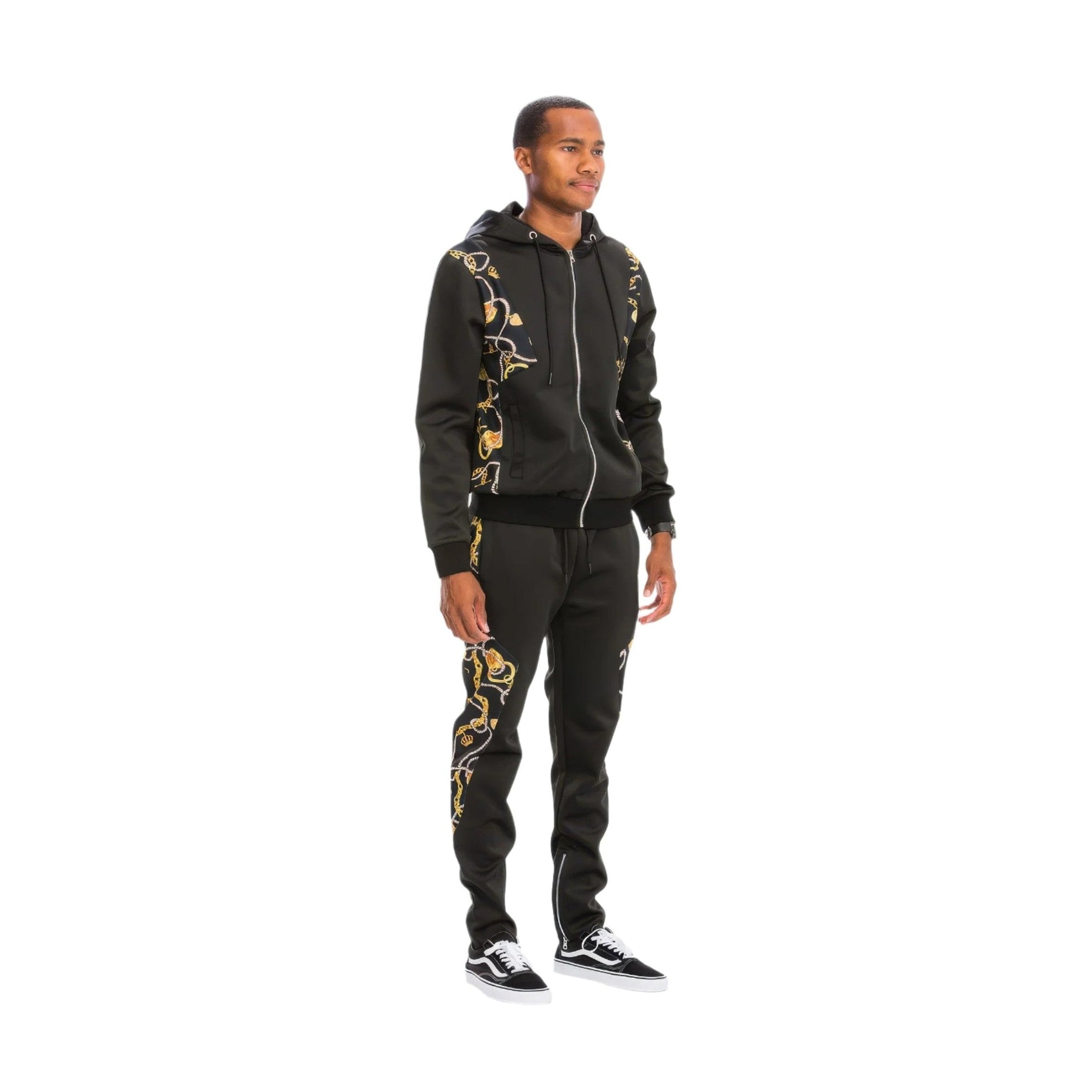 Men's 2PC track set by VacationGrabs featuring a lightweight athletic track suit for travel with black and gold design