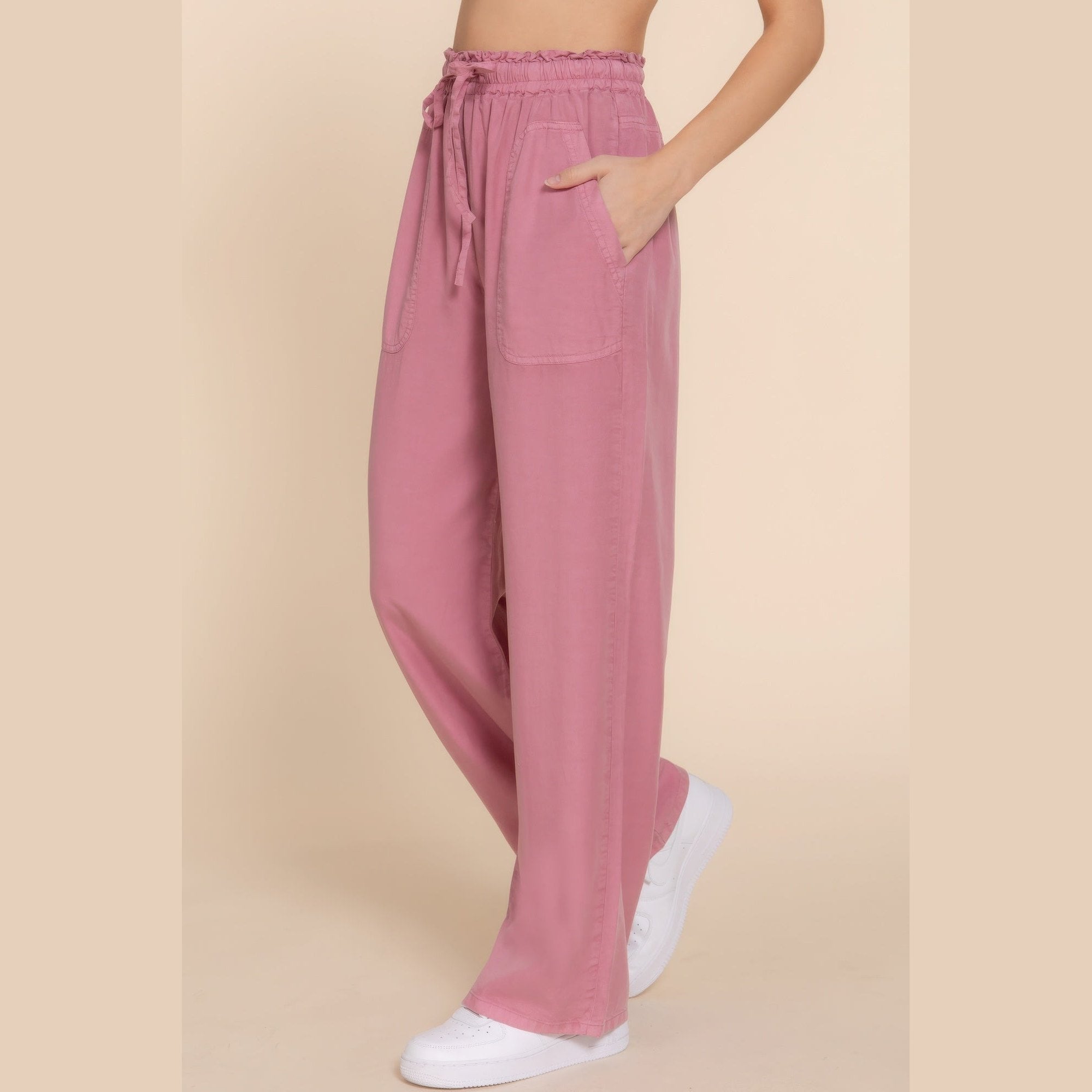 VacationGrabs lightweight travel pants for women in pink with drawstring waist and front pockets