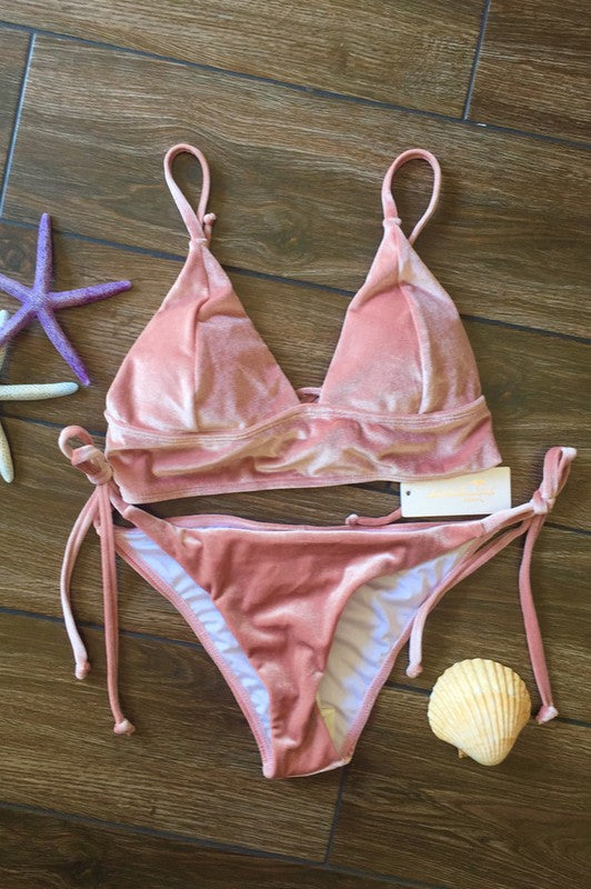 Beach Joy Bikini women's velvet halter bikini set in soft pink with adjustable straps and tie-side bottoms