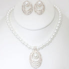 VacationGrabs rhinestone pearl necklace and earring set with white pearls and layered rhinestone pendant