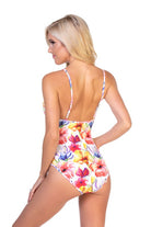 Beach Joy Bikini bright floral one piece swimsuit with colorful flowers and thin straps on woman