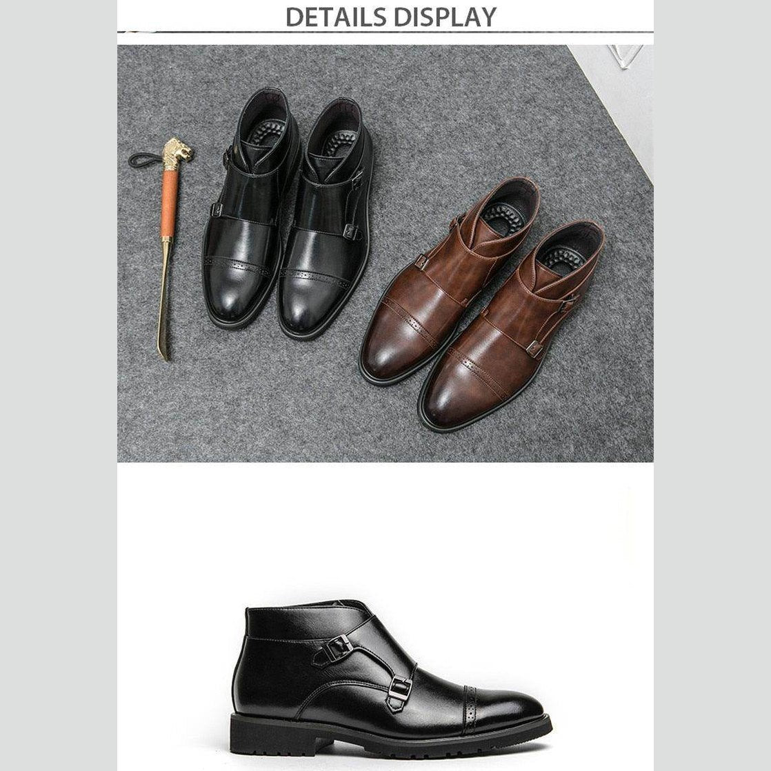 VacationGrabs British luxury ankle boots in black and brown displayed on grey background