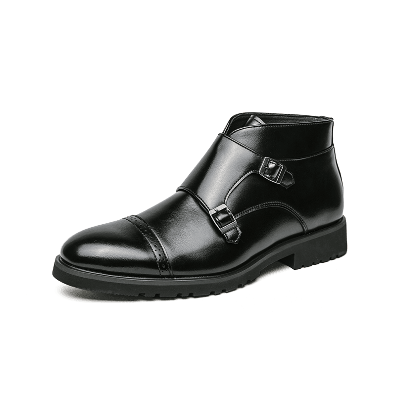 Stylish British luxury ankle boots in black leather with double buckle design for men