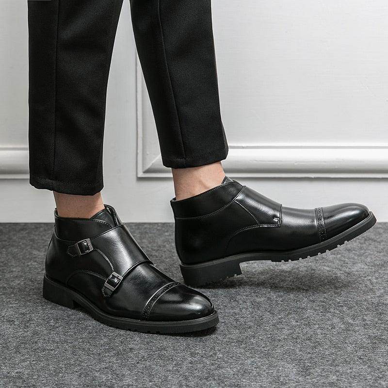 British luxury ankle boots from VacationGrabs for stylish men, featuring a sleek black design with buckles.