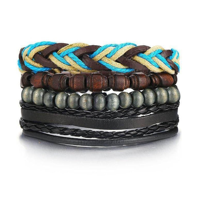 Set of men's brown blue woven wristband and leather bracelets for stylish layering