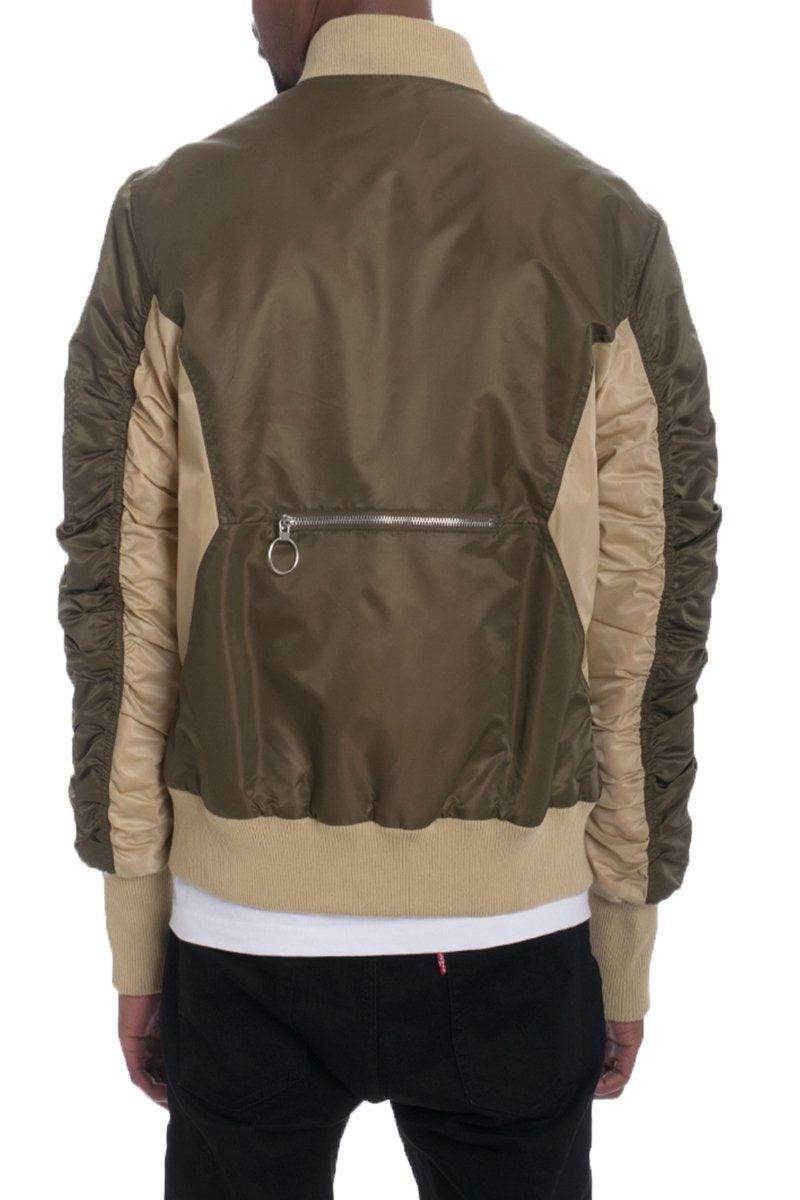 Stylish brown bomber jacket for men with contrasting sleeves and a modern fit