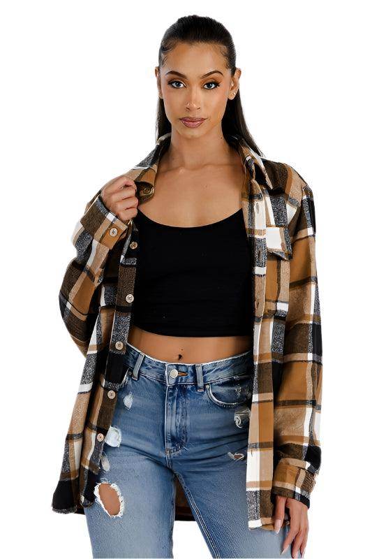 WEIV Women's Brown Boyfriend Flannel Shacket with Checkered Pattern and Button Front