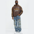 Brown graphic hoodie for men by VacationGrabs with yellow piping and space-themed print