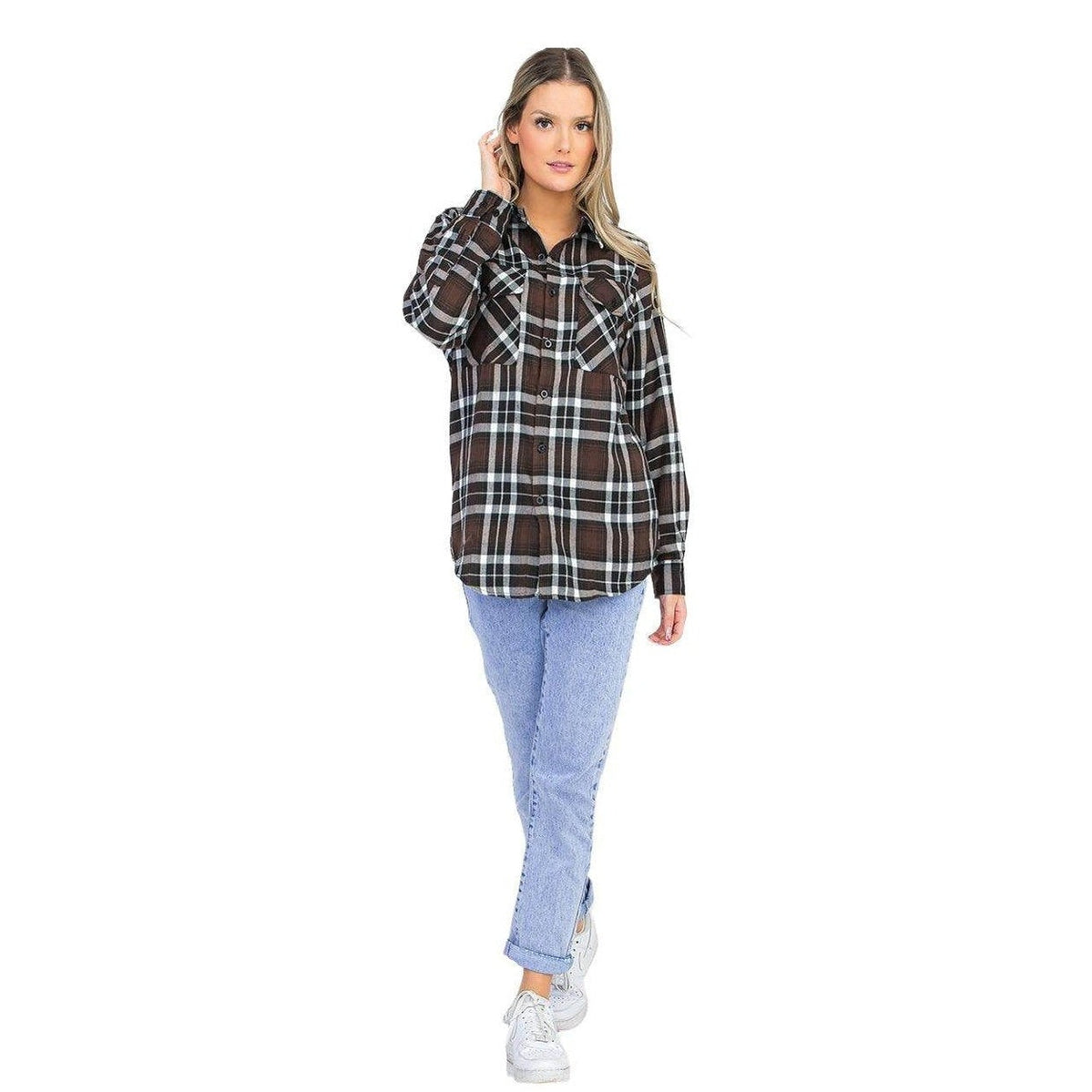 Brown plaid checkered flannel women's shirt styled with light blue jeans for a casual look