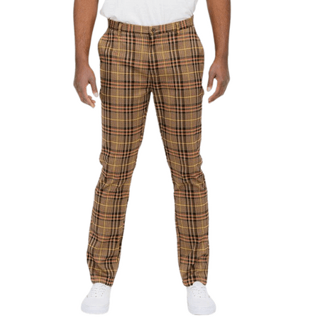 Brown plaid slim fit trousers for men by VacationGrabs, perfect for casual or semi-formal wear.