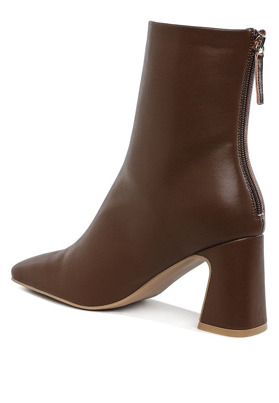 Stylish brown vegan leather ankle boots with a pointed toe and chunky heel from Rag Company