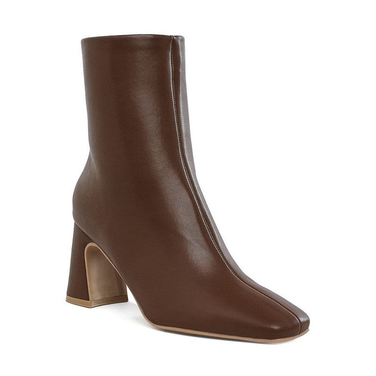 Stylish brown vegan leather ankle boots with a square toe and chunky heel for a modern look