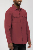 WEIV brushed cotton mens shirt in burgundy with button-up front and two chest pockets
