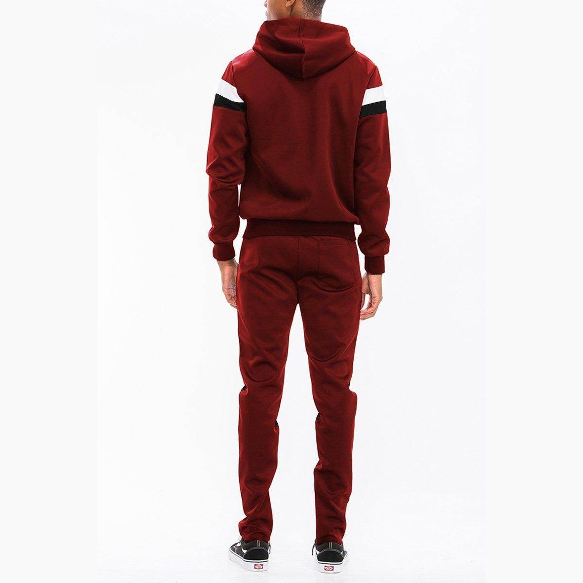 Men's 2PC Burgundy Black White Tracksuit with Hooded Sweatshirt and Jogger Pants