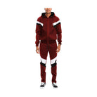Men's 2PC Burgundy Black White Tracksuit with Hooded Zip Jacket and Pants for Casual Wear