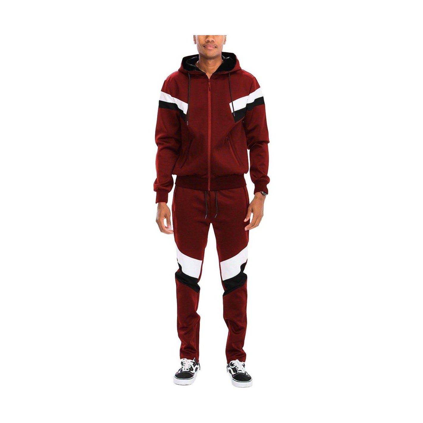 Men's 2PC Burgundy Black White Tracksuit with Hooded Zip Jacket and Pants for Casual Wear