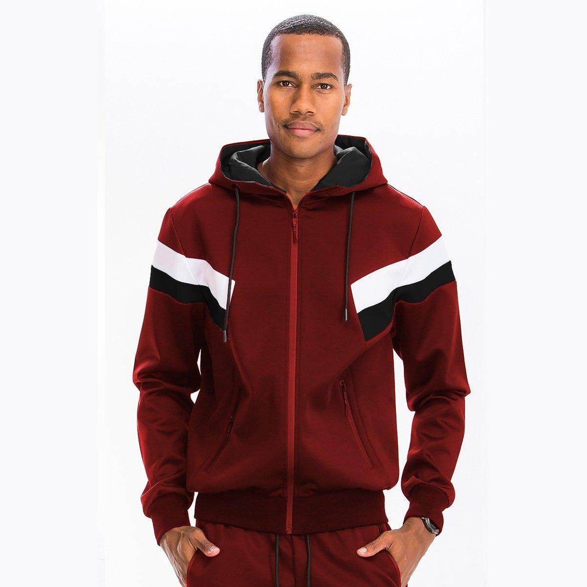 Men's Burgundy Black White Tracksuit with zip-up hoodie and stylish design from VacationGrabs