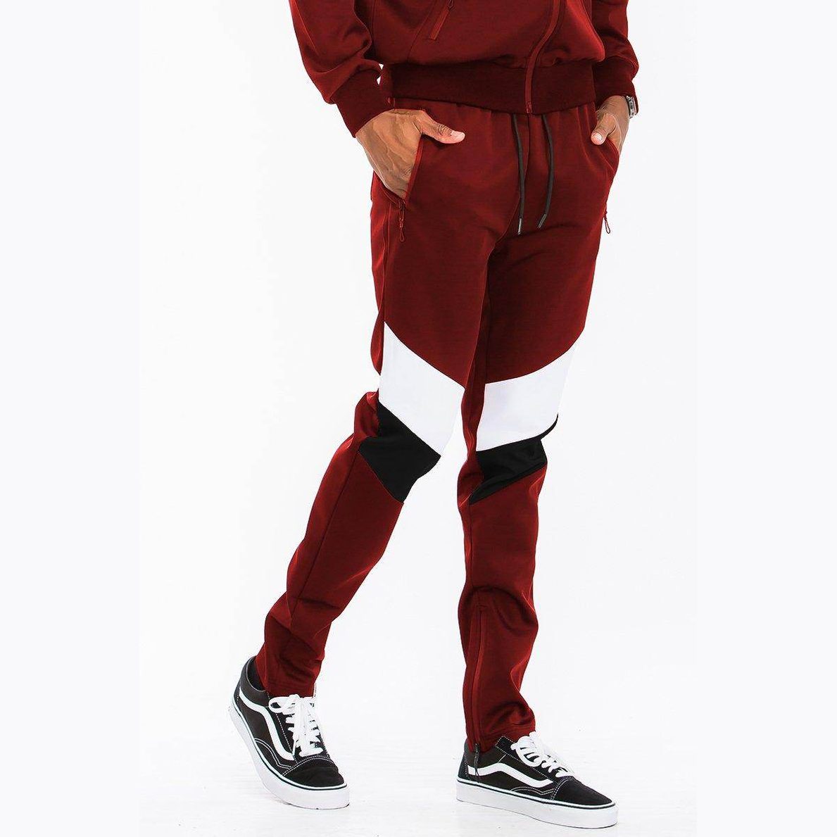 Men's 2PC Track Set featuring a Burgundy Black White Tracksuit with stylish color blocking and zippered pockets
