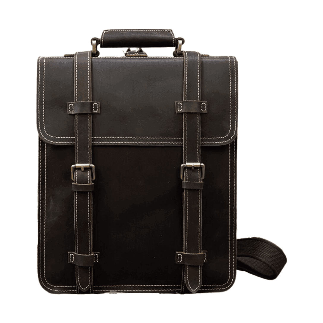 VacationGrabs business travel backpack combo in black leather with adjustable straps and front buckle closures