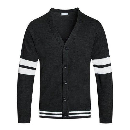 WEIV black button front cardigan for men with white striped sleeves for a stylish look