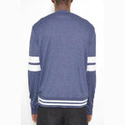 Back view of WEIV men's button front cardigan for men in navy with contrasting white stripes