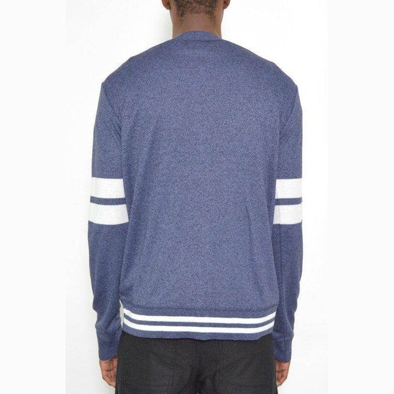 Back view of WEIV men's button front cardigan for men in navy with contrasting white stripes