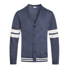 WEIV button front cardigan for men in navy blue with white stripe accents and a classic fit