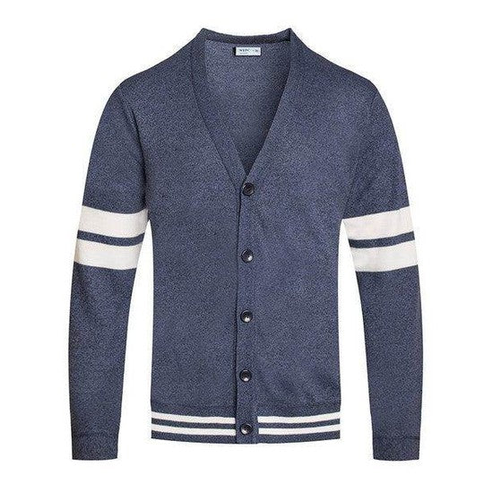 WEIV button front cardigan for men in navy blue with white stripe accents and a classic fit