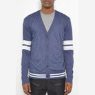 WEIV navy button front cardigan for men with white striped sleeves and a classic fit