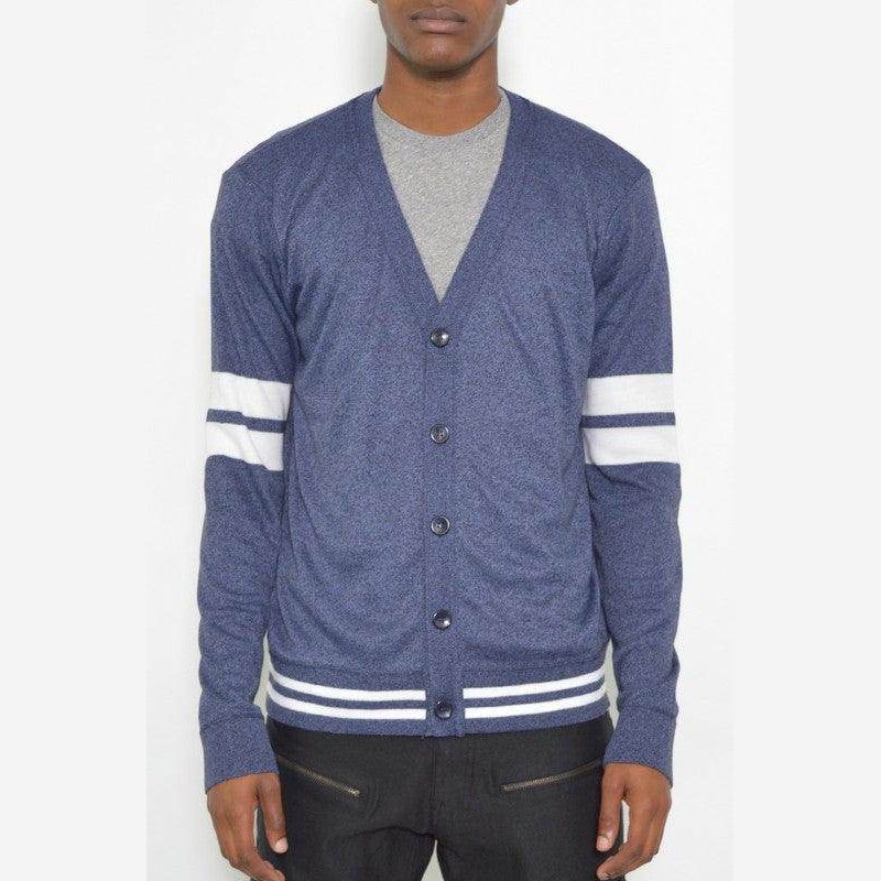 WEIV navy button front cardigan for men with white striped sleeves and a classic fit