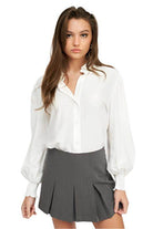 Button Up Collared Blouse With Smocking - VacationGrabs