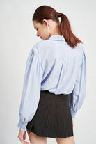 Button Up Collared Blouse With Smocking - VacationGrabs