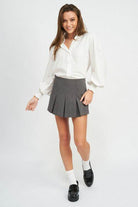 Button Up Collared Blouse With Smocking - VacationGrabs