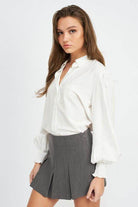 Button Up Collared Blouse With Smocking - VacationGrabs